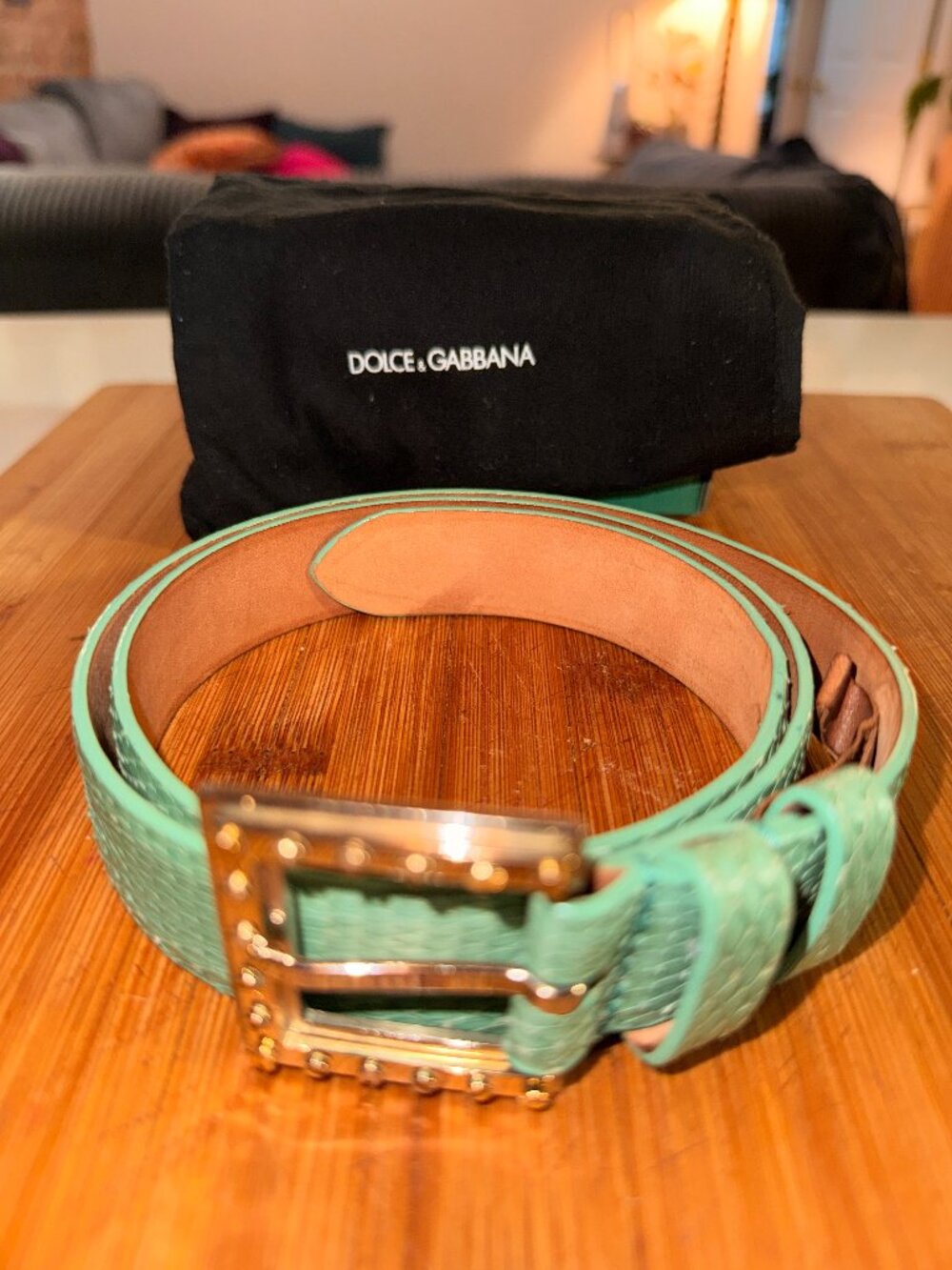 Rare Vintage Dolce & Gabbana Celadon Snakeskin Belt 105/42 + Gold Buckle